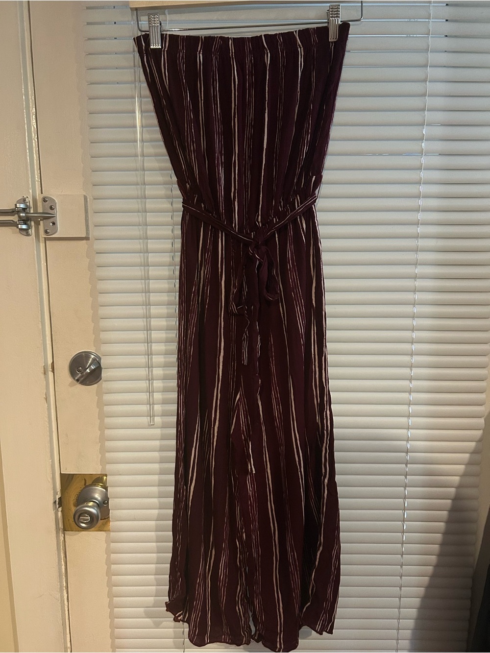 Strapless Burgundy Stripe Jumpsuit with Waist Tie